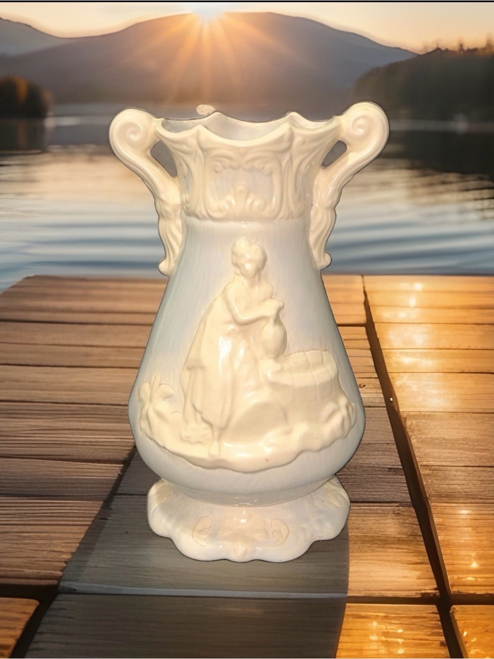 1987 Mary Ellen Ceramic Vase Woman at Well Relief Double Handle Cream 10"